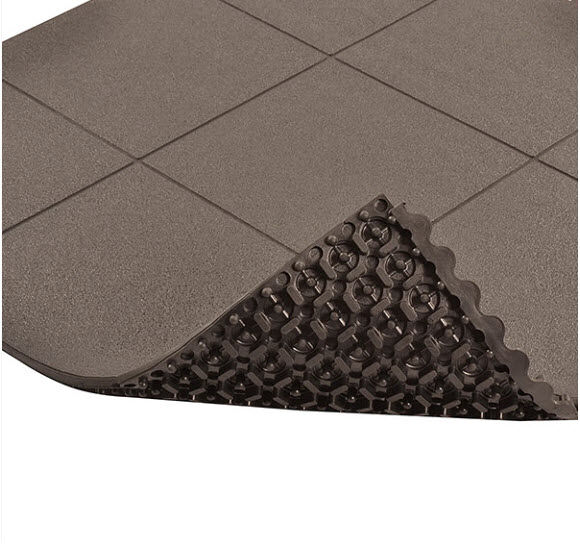 Cushion Ease ESD Conductive Solid 1 Floormat.com Cushion-Ease® ESD Conductive Solid static control floor mats are part of the Solutions™ family of products. This specially formulated rubber floor mat is designed to drain static electricity from the worker safeguarding sensitive machinery and delicate circuitry. All Cushion-Ease® mats have a male/female interlocking system and are compatible with M.D. Ramps for easy on-site custom configurations and trip-resistant platforms. Cushion-Ease® ESD mats can be combined with other Cushion-Ease® family products. <ul> <li>Base compound - 100% Nitrile rubber specially formulated to drain static electricity</li> <li>A unique multi-nib support design offers exceptional fatigue relief and aeration</li> <li>Solid top design with an anti-slip surface texture</li> <li>Easy to snap together modular matting system for on-site custom configurations</li> <li>Optional nitrile rubber ramps available for trip-resistant platform (551 M.D. Ramp System®)</li> <li>(ESD) Conductive - measured resistance Rg 104 - 106 O/Rp 104 - 106 O</li> <li>An optional grounding cord is available</li> </ul>