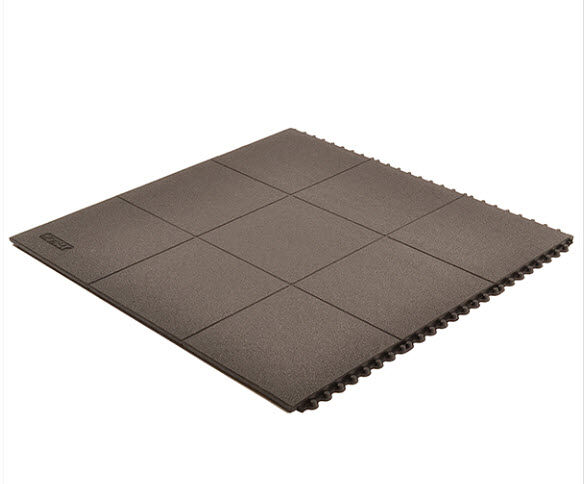 Cushion Ease ESD Conductive Solid 2 Floormat.com Cushion-Ease® ESD Conductive Solid static control floor mats are part of the Solutions™ family of products. This specially formulated rubber floor mat is designed to drain static electricity from the worker safeguarding sensitive machinery and delicate circuitry. All Cushion-Ease® mats have a male/female interlocking system and are compatible with M.D. Ramps for easy on-site custom configurations and trip-resistant platforms. Cushion-Ease® ESD mats can be combined with other Cushion-Ease® family products. <ul> <li>Base compound - 100% Nitrile rubber specially formulated to drain static electricity</li> <li>A unique multi-nib support design offers exceptional fatigue relief and aeration</li> <li>Solid top design with an anti-slip surface texture</li> <li>Easy to snap together modular matting system for on-site custom configurations</li> <li>Optional nitrile rubber ramps available for trip-resistant platform (551 M.D. Ramp System®)</li> <li>(ESD) Conductive - measured resistance Rg 104 - 106 O/Rp 104 - 106 O</li> <li>An optional grounding cord is available</li> </ul>