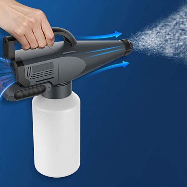 Fogger being Used Floormat.com <ul> <li>The fogger gun bottle detaches fast and sprays a mist with a state of the art 100W motor and negative ion generator that is shielded inside.</li> <li>This sprayer distributes product at a rate of 250 cubic meters per minute. Which is the equivelent of 2 standard size rooms.</li> <li>The tank holds up to 55oz of product.</li> </ul>