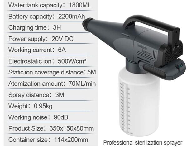 Fogger with Specs Floormat.com <ul> <li>The fogger gun bottle detaches fast and sprays a mist with a state of the art 100W motor and negative ion generator that is shielded inside.</li> <li>This sprayer distributes product at a rate of 250 cubic meters per minute. Which is the equivelent of 2 standard size rooms.</li> <li>The tank holds up to 55oz of product.</li> </ul>