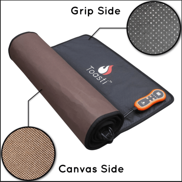 ToastiMat 3 Floormat.com The ToastiMat is the ultimate mat for warmth and comfort. The ToastiMat delivers infrared heat that penetrates your deep muscle tissue to restore and relax your muscles, joints, and core. This is the only mat that offers head-to-toe comfort of the whole body for maximum comfort and relief. Choose from the smooth side with canvas or the grip bumps to match your activity. Compatible with yoga towels for extra grip and absorption. <ul> <li>Great for pets</li> <li>4 temperature settings</li> <li>Timer can be set for 1 minute to 9 hours</li> <li>Automatic safety shutoff</li> <li>Carrying bag included</li> <li>Comes with 88" cord</li> </ul>