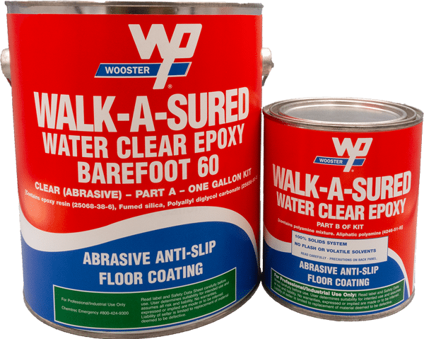 WAS BF60 1000x800 1 Floormat.com <h3>Abrasive Anti-Slip Clear Floor Coating</h3> The ultimate two-part anti-slip epoxy system for spas, shower & pool decks. Excellent abrasion resistance. This product needs to be applied with a roller. Product can be applied to wood, aluminum, concrete, metal etc. Kit comes with mixing paddle and roller cover for easy application. <ul> <li>Water Clear Epoxy</li> <li>100% solids – NO VOC</li> <li>Chemical, solvent and water resistant</li> <li>Meet OSHA and ADA standards</li> <li>Meet ASTM slip resistance requirements</li> <li>Barefoot 60 for spas, shower & pool decks</li> </ul>