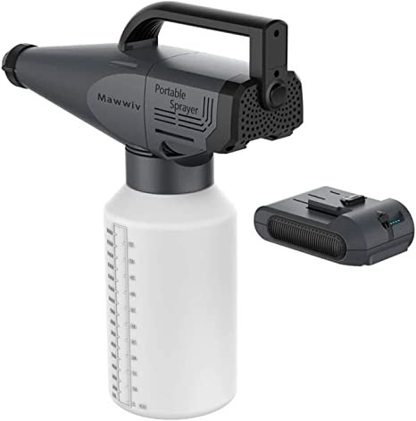 fogger Floormat.com <ul> <li>The fogger gun bottle detaches fast and sprays a mist with a state of the art 100W motor and negative ion generator that is shielded inside.</li> <li>This sprayer distributes product at a rate of 250 cubic meters per minute. Which is the equivelent of 2 standard size rooms.</li> <li>The tank holds up to 55oz of product.</li> </ul>