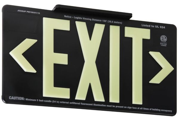 globright p100 exit alum 2 Floormat.com Glo Brite® PF100 Exit Signs utilize next generation photoluminescent technology to absorb and store ambient light for dark places. During an emergency blackout or low visibility conditions, this stored glowing energy is immediately visible, creating a clear, recognizable photoluminescent egress indicator. During an emergency blackout or smoky conditions, this stored energy is immediately visible, reducing the risk of panic or injury during an emergency evacuation while also reducing energy and maintenance costs.  