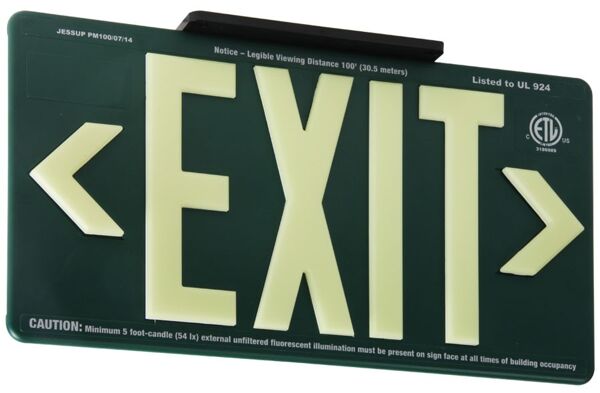 globright p100 exit alum 4 Floormat.com Glo Brite® PF100 Exit Signs utilize next generation photoluminescent technology to absorb and store ambient light for dark places. During an emergency blackout or low visibility conditions, this stored glowing energy is immediately visible, creating a clear, recognizable photoluminescent egress indicator. During an emergency blackout or smoky conditions, this stored energy is immediately visible, reducing the risk of panic or injury during an emergency evacuation while also reducing energy and maintenance costs.  