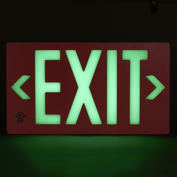 globright p100 exit alum Floormat.com Glo Brite® PF100 Exit Signs utilize next generation photoluminescent technology to absorb and store ambient light for dark places. During an emergency blackout or low visibility conditions, this stored glowing energy is immediately visible, creating a clear, recognizable photoluminescent egress indicator. During an emergency blackout or smoky conditions, this stored energy is immediately visible, reducing the risk of panic or injury during an emergency evacuation while also reducing energy and maintenance costs.  