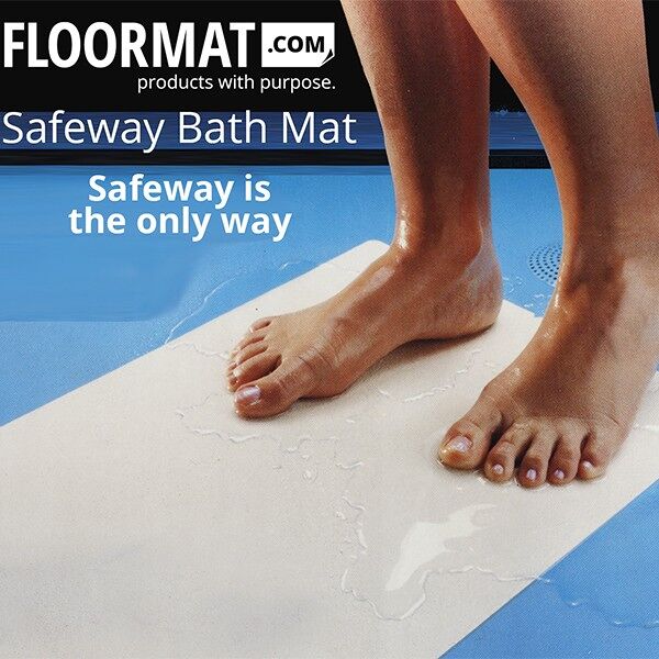 safeway bath mat Floormat.com The ultimate bath mat for tubs, tub sills, shower stalls, jet tubs and more! Safeway Bath Mats peel and stick technology is fast and extremely easy to use. Available in white and clear, it provides safer footing for wet surfaces. Available in standard bath mat sizes, or long sheet runs, it can be cut for any shape or application. <ul> <li>High performance, water-resistant, acrylate adhesive is ideal for wet conditions</li> <li>Each tread has a reliable, long-lasting adhesive that helps keep it in place.</li> </ul> <h2>Safeway Bath Mat – the Ultimate Bath Mats made from pressure sensitive Safety-Walk™</h2> Safeway Bath Mats are the ultimate bath mat's. It beautifies the tub while making it safer. Used in hospitals and guaranteed to last years, Safeway Bath Mat cleans the same as you would your tub. Safeway Bath Mats are manufactured from a unique type of vinyl, and are both comfortable to the skin and pleasing to the eye. <ul> <li><strong>Durable</strong> – Outlasts traditional mats, with life expectancy of years, not months.</li> <li><strong>Easy to Clean</strong> – Clean just as you do the tub. No additional maintenance required.</li> <li><strong>Custom Sizing</strong> – Multiple sizing to custom fit your tub.</li> <li><strong>Completely Sanitary</strong> – All vinyl construction limits growth of odor causing germs and bacteria.</li> <li><strong>Mistake-Proof Application</strong> – Simply peel off liner and press firmly onto a <strong>clean, dry</strong> tub surface. Allow four hours to dry. Note: When you are ready to replace your Safeway Bath Mat, simply lift the corners and remove. Safety Bath releases cleanly with no remaining residue to clean.</li> </ul> <h2><span style="color: #ff0000;">Only available in clear. Product photo has not been updated.</span></h2>  
