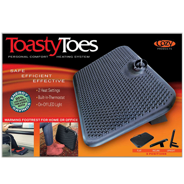 toasy toes 02 Floormat.com Toasty Toes has been redesigned to be smaller and lighter without sacrificing heat production. The Toasty Toes combines an ergonomically design space heater with an ergonomically designed foot rest to provide hours of comfort and warmth. <ul> <li>Energy Efficient; uses only 105 watts of electricity. 93% less than an average space heater</li> <li>Improves circulation and blood flow</li> <li>Safe to the touch, will not burn your skin</li> <li>ELT Listed</li> <li>3 adjustable positions</li> <li>2 pronged plug-in</li> </ul>